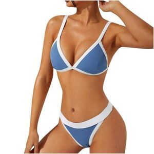 Women's Blue & White Hawaiian Ribbed Bikini Swimwear Set Size Medium